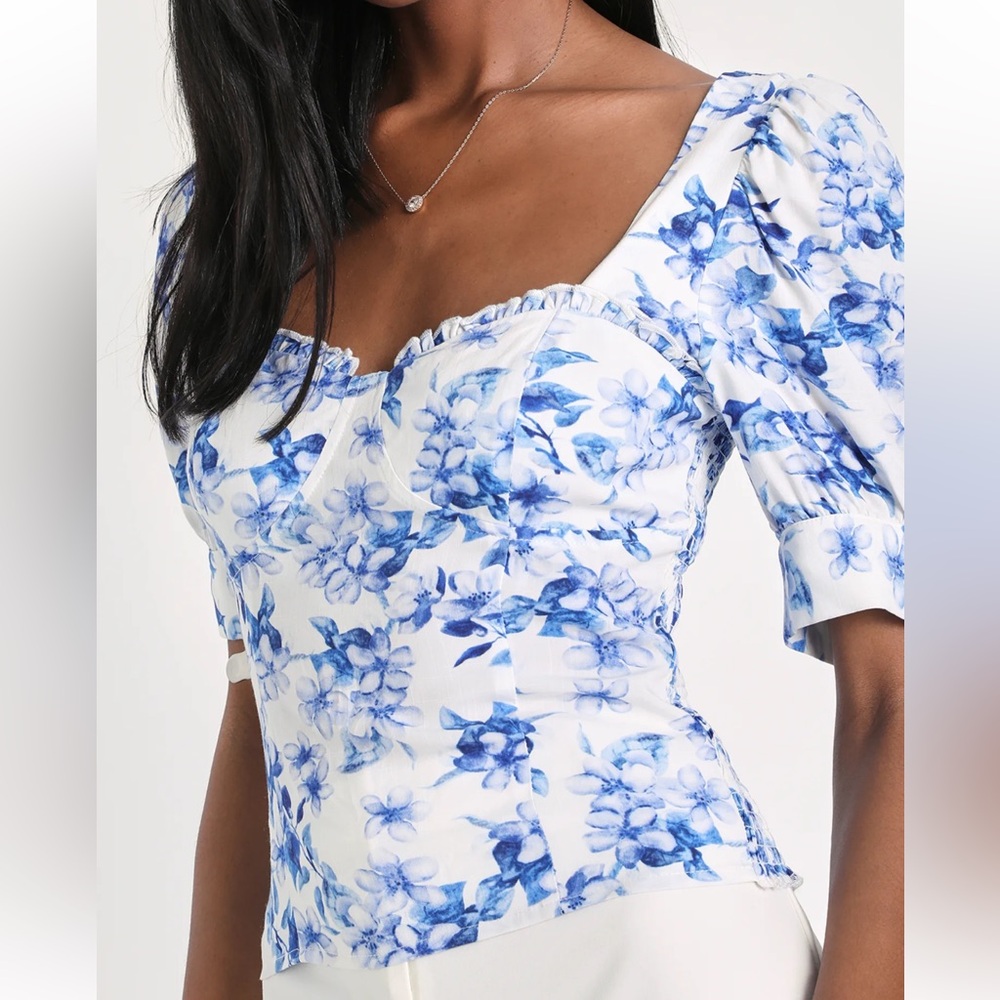 Lulus Always Amorous White Floral Print Bustier Puff Sleeve Crop Top Size M